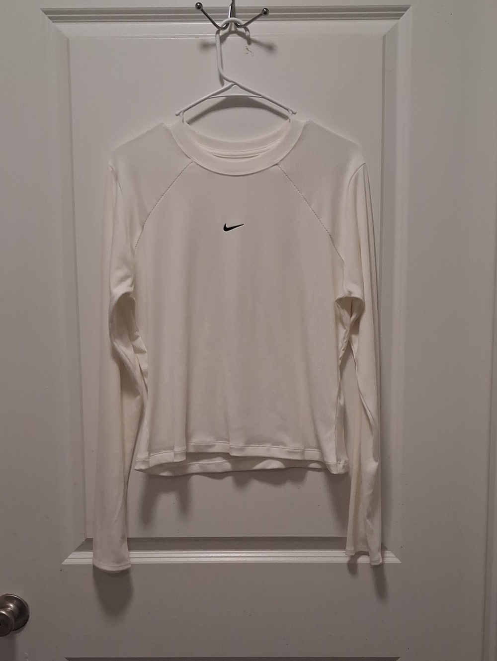 Nike Women's White Long-Sleeve Crew Performance Top with Black Swoosh